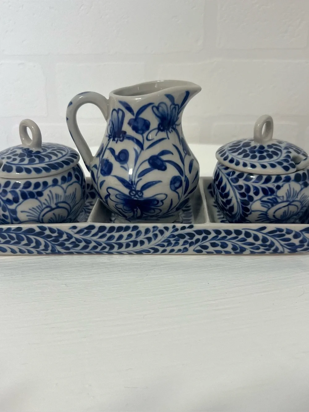 Vintage Blue White Talavera Style Floral Sugar Cream Condiment Set Tray & Spoons